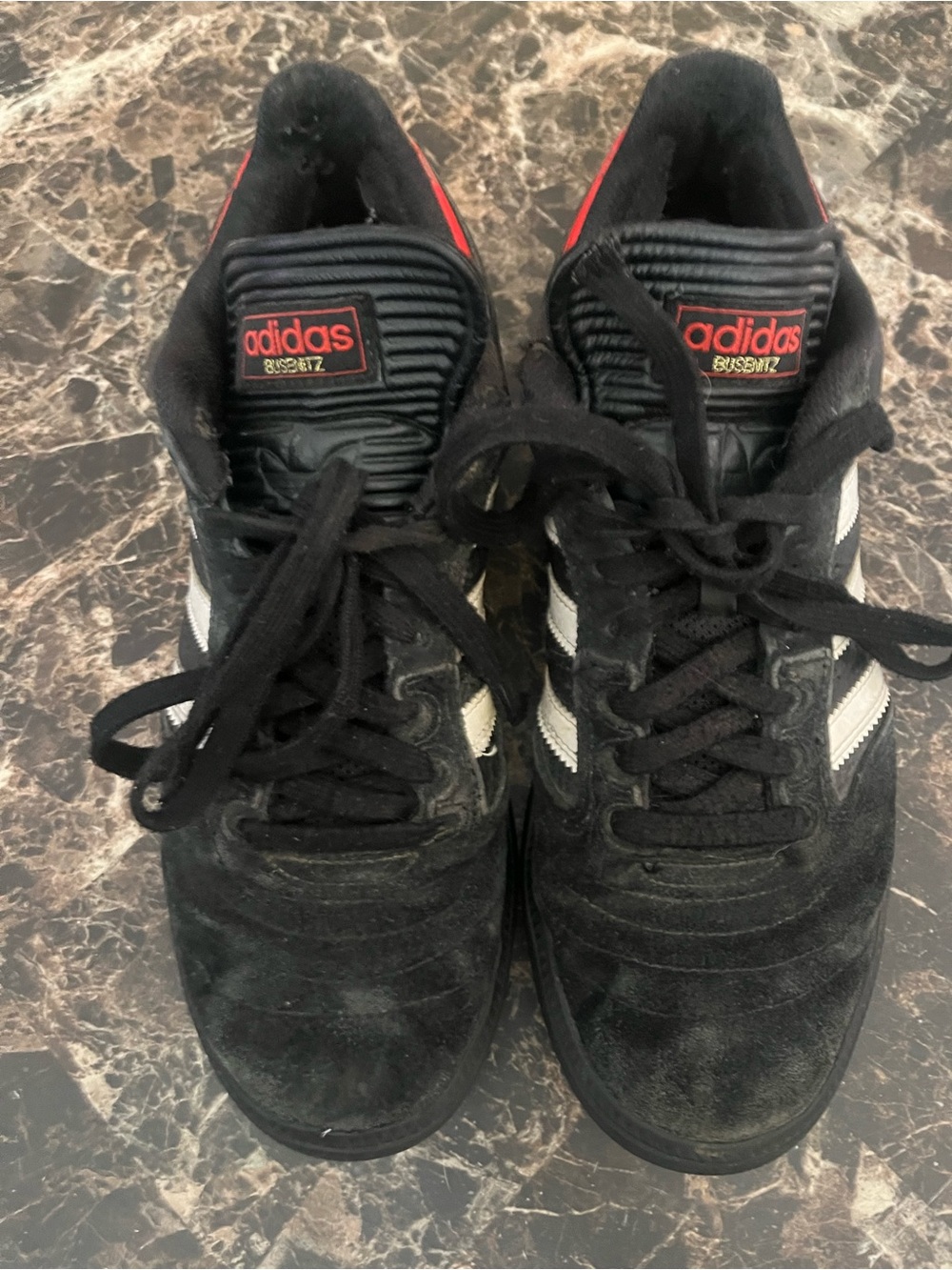 Adidas Busenitz size 9 black Suede Sneakers white & Red Logo Accents, EUC